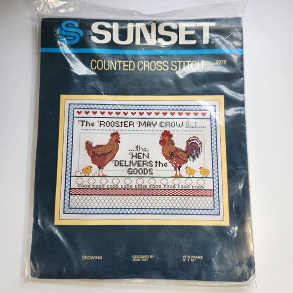 Sunset Counted Cross Stitch Kit Rooster Chicken Farmhouse Decor New Vintage - Picture 1 of 10